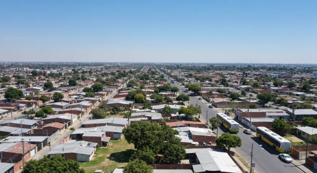 Vista aérea de bairro acessível no Distrito Federal com casas e transporte público