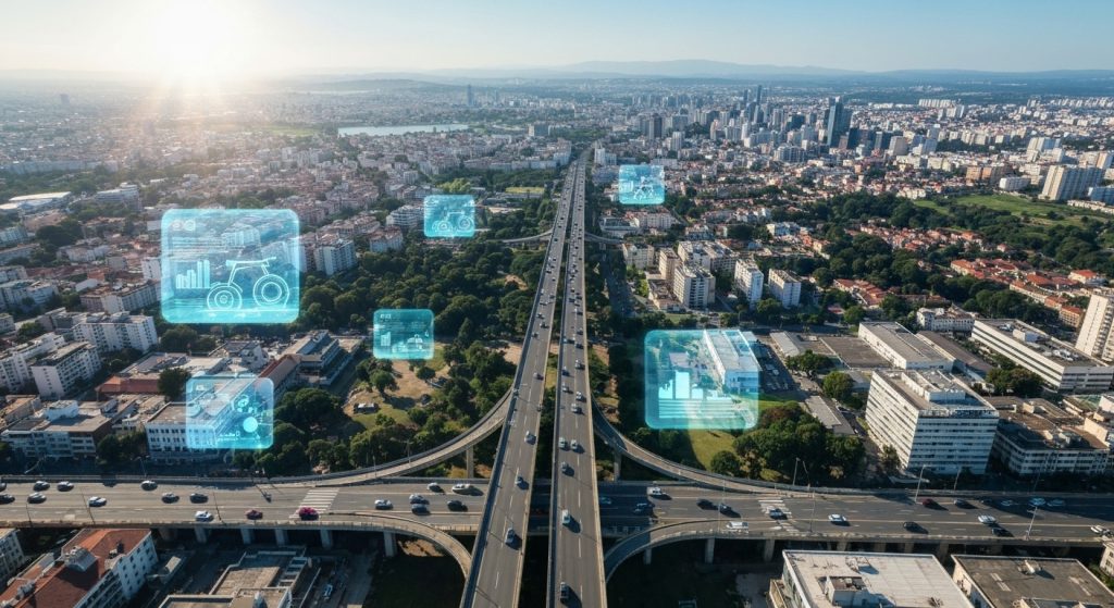 Representação visual de uma cidade inteligente com foco em infraestrutura e mobilidade, impactando o valor imobiliário.