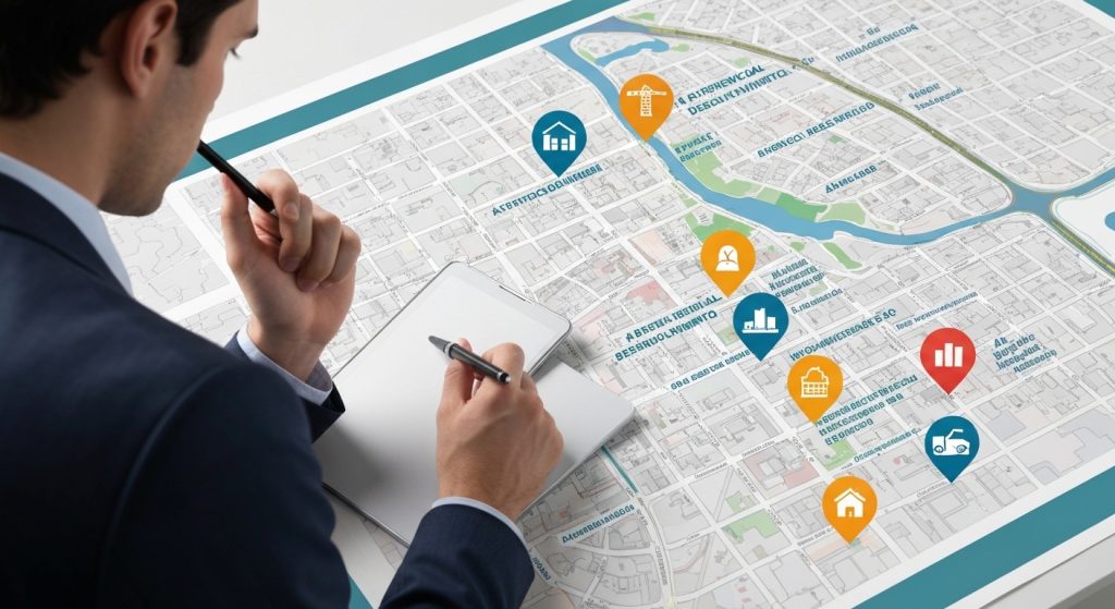 Investidor analisando mapa de oportunidades de valorização imobiliária