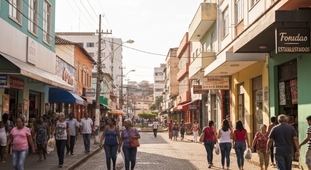 Rua movimentada com novos comércios e moradores interagindo, simbolizando o desenvolvimento local.