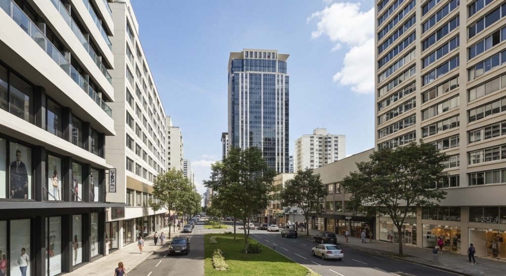 Cenário urbano vibrante com novos comércios impulsionando a economia local.