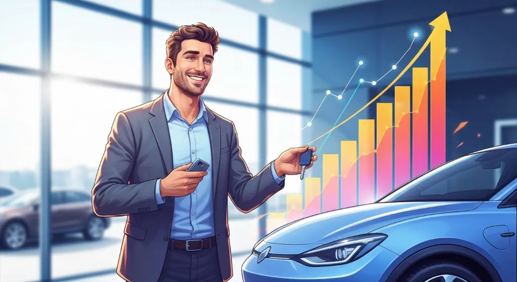 Homem feliz com chaves de carro e gráfico de score de crédito subindo.