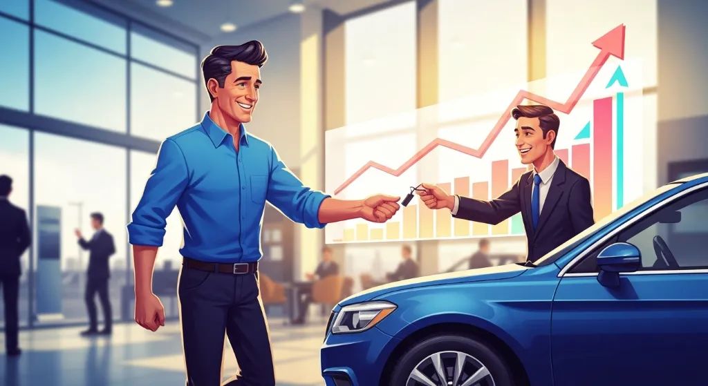 Homem feliz com chaves de carro e gráfico de score de crédito subindo.