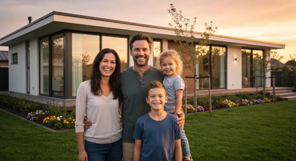 Família feliz em frente a casa nova com chave na mão