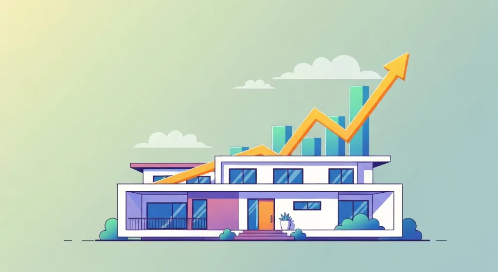Gráfico de crescimento acima de uma casa, representando investimento imobiliário para aluguel.