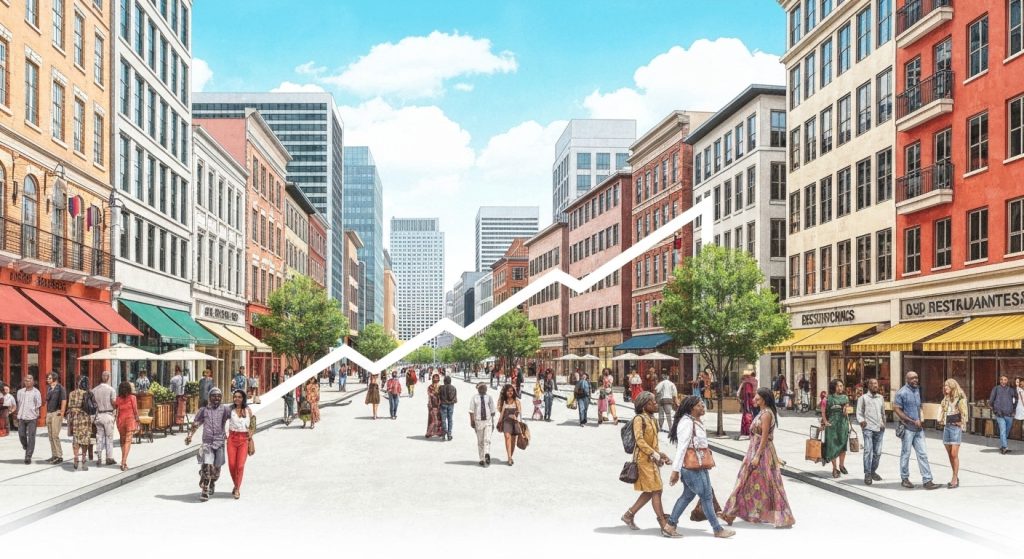 Comunidade próspera com comércio diversificado atraindo investimentos e crescimento econômico.