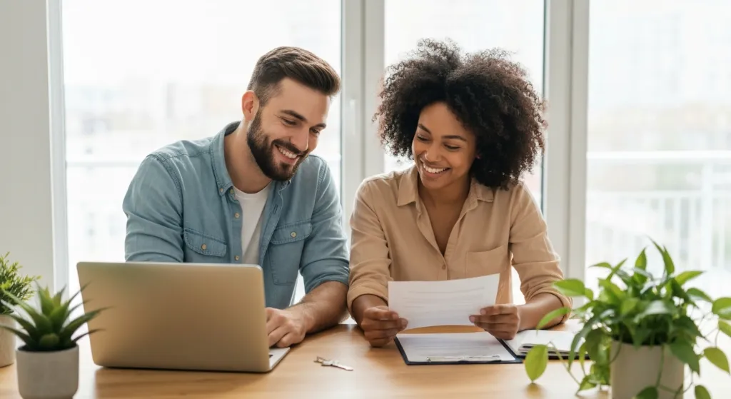 Casal revisando documentos para compra de apartamento