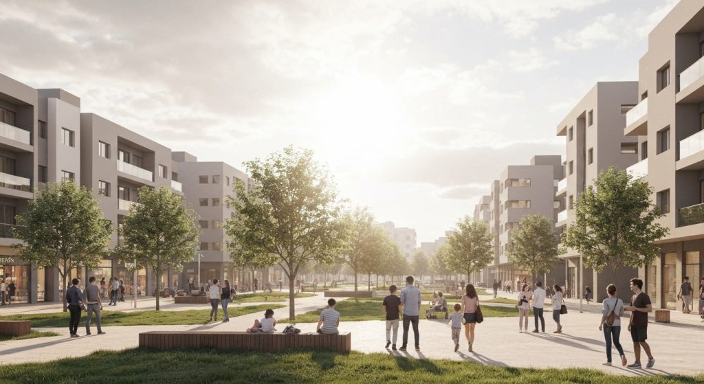 Visão aérea de um bairro moderno revitalizado por empreendimentos comerciais, com residências, lojas e áreas verdes integradas.