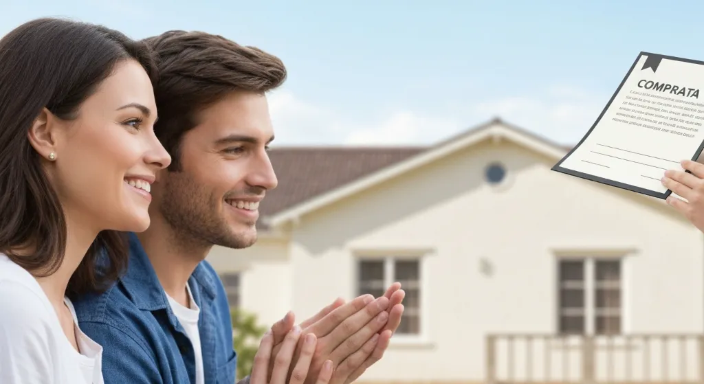 Casal feliz celebrando a compra do primeiro imóvel.