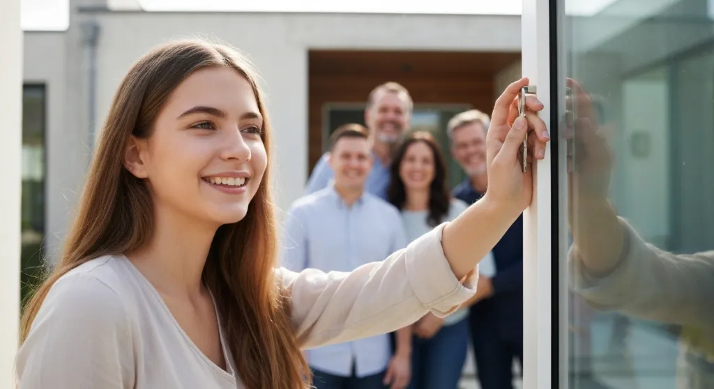 Pessoa segura a chave de um novo imóvel com a família ao fundo.
