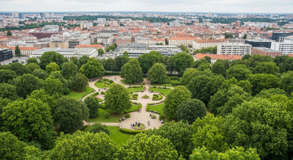 Cenário de cidade pequena com expansão urbana planejada e natureza integrada.