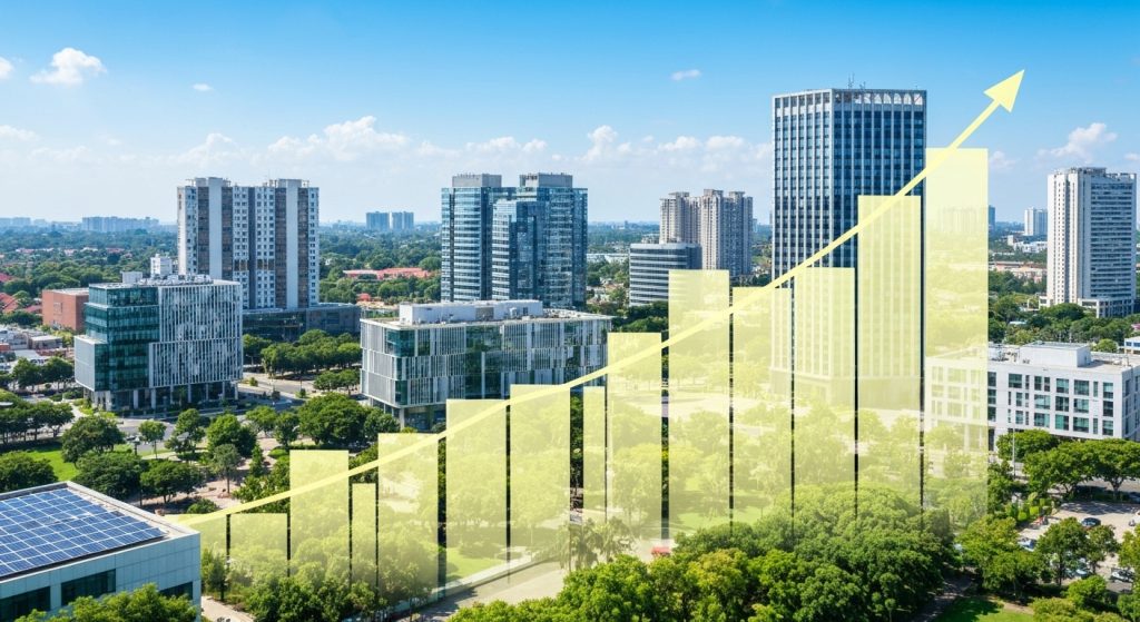 Ilustração da expansão urbana com foco em novas oportunidades imobiliárias.