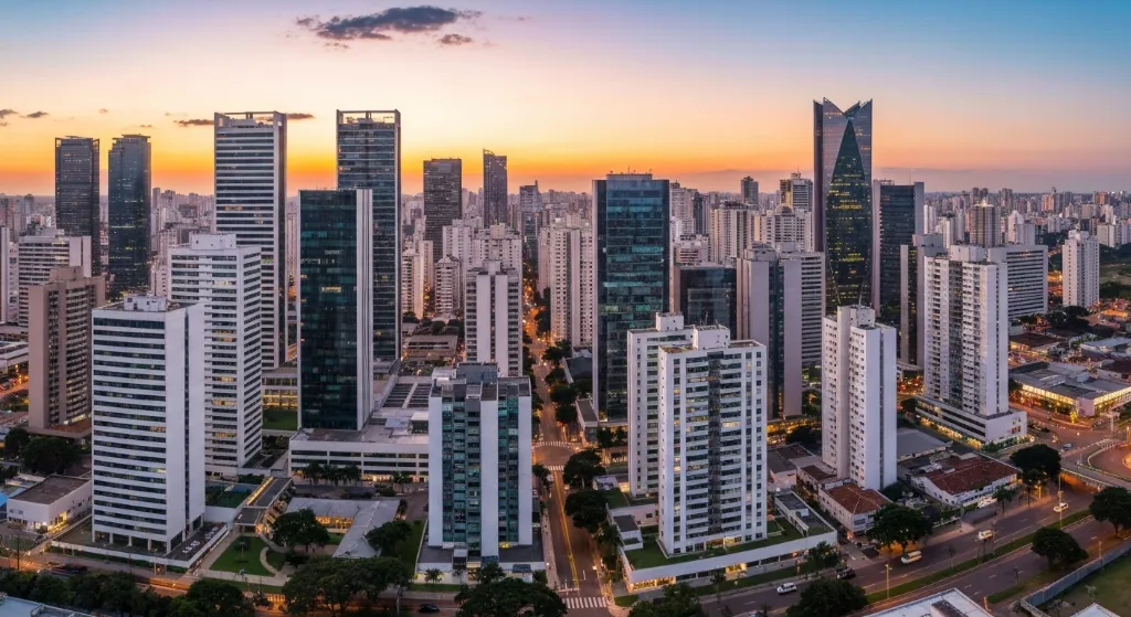 Skyline moderno de Brasília com edifícios residenciais e comerciais de alto padrão ao pôr do sol.
