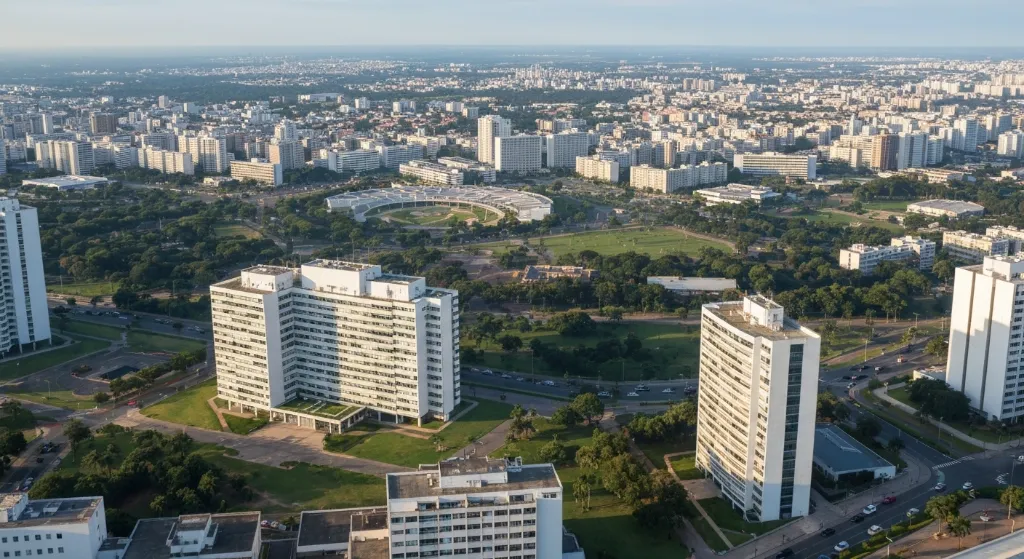 Vista aérea de Brasília com edifícios modernos e áreas verdes.