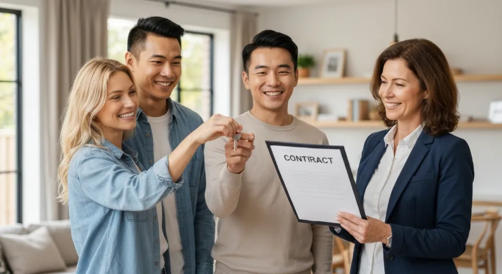 Casal feliz com chaves da casa nova após financiamento imobiliário