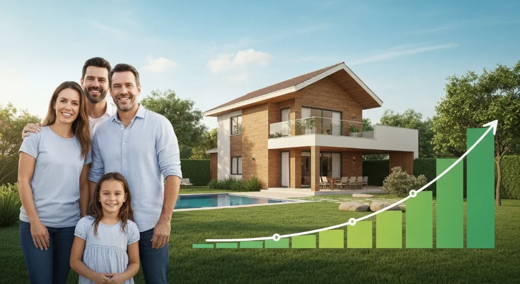 Família feliz em frente a casa nova financiada de R$ 200 mil