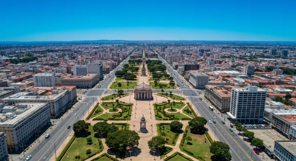 Vista aérea de Brasília com edifícios icônicos e áreas residenciais e comerciais modernas, simbolizando o investimento imobiliário.