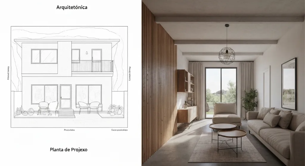 Comparativo visual entre imóvel na planta e imóvel pronto para morar.
