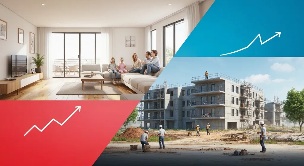 Comparativo visual entre imóvel pronto para morar e imóvel na planta, ilustrando a decisão de compra.