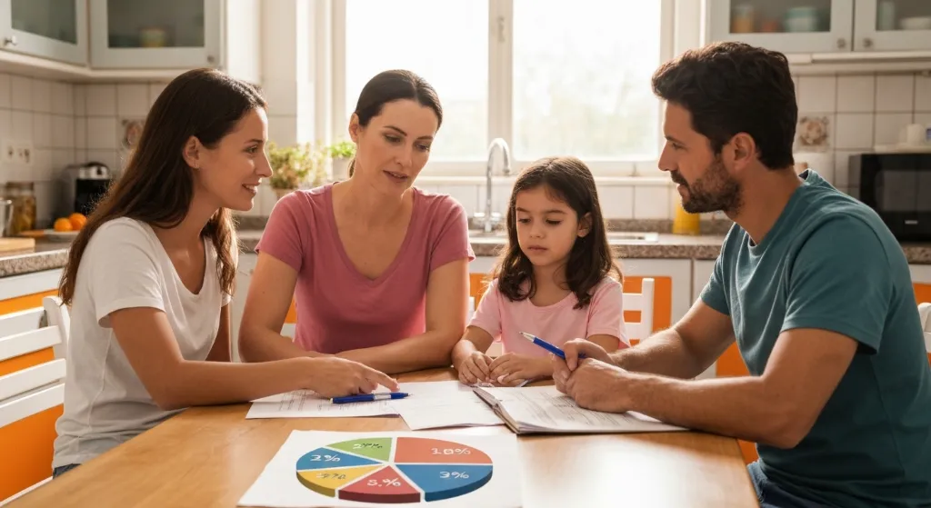 Família brasileira analisando custos de moradia e orçamento familiar.