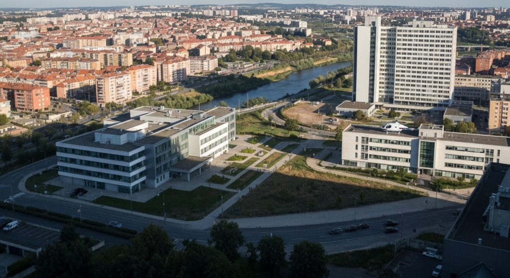 Bairro com imóveis, escola e hospital