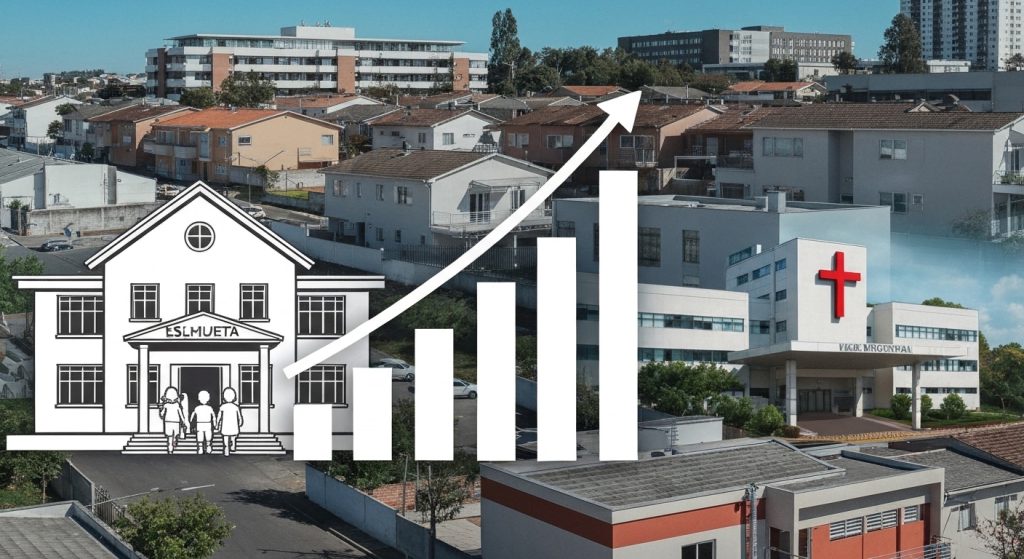 Representação visual do impacto positivo de escolas e hospitais no valor dos imóveis.