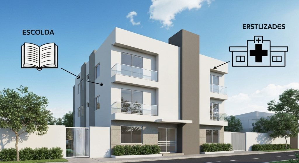 Ilustração de um imóvel com representações de escola e hospital próximos.