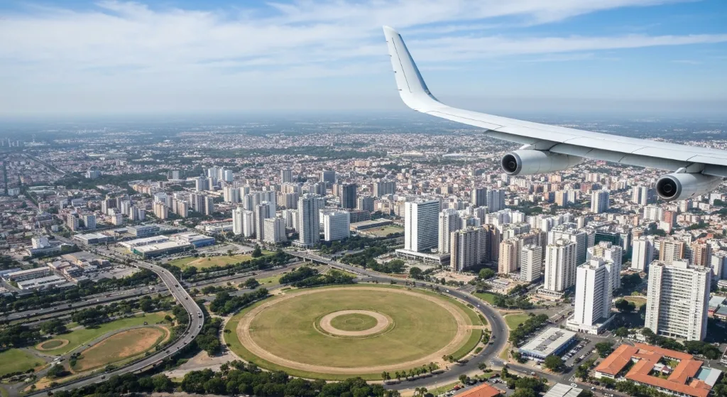 Horizonte de Brasília com símbolos de mercado imobiliário e tributação.