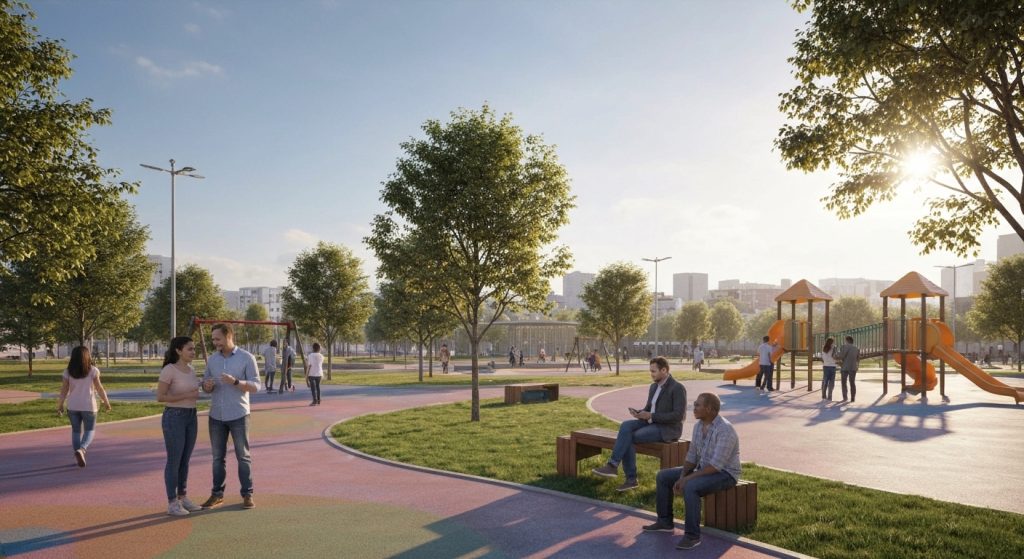 Crescimento urbano com prédios modernos e áreas verdes em 2026