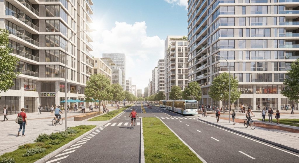 Cenário urbano com alta infraestrutura e mobilidade, mostrando o impacto no valor do imóvel.