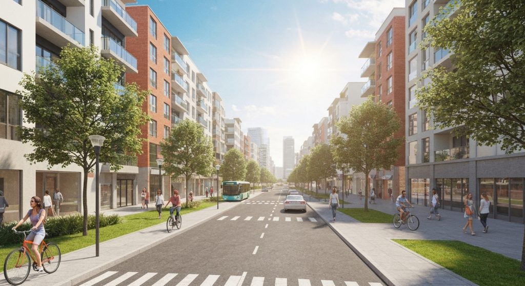 Bairro em desenvolvimento com boa infraestrutura e mobilidade urbana, mostrando progresso e qualidade de vida.