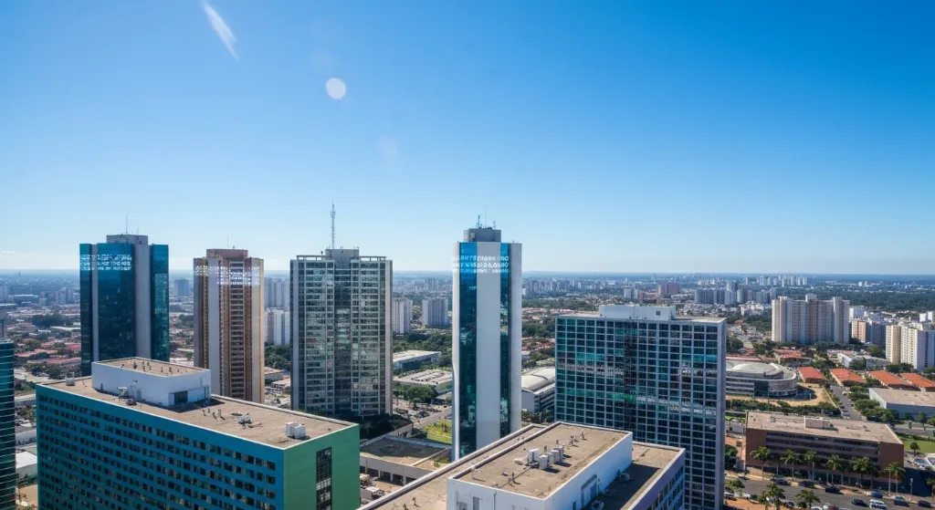 Horizonte de Brasília com edifícios modernos e elementos de tecnologia e sustentabilidade