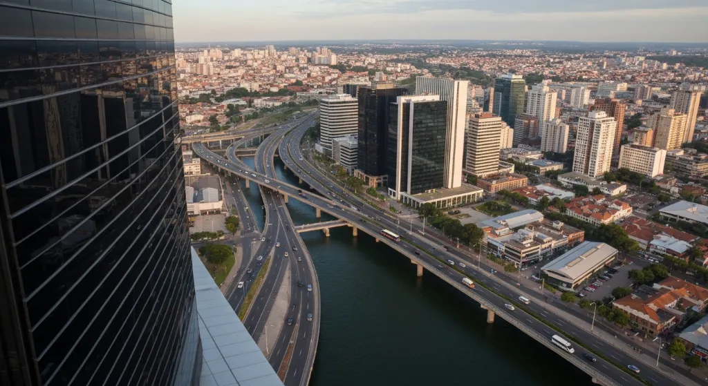 Vista aérea de Brasília com edifícios arquitetônicos icônicos e áreas de investimento imobiliário.