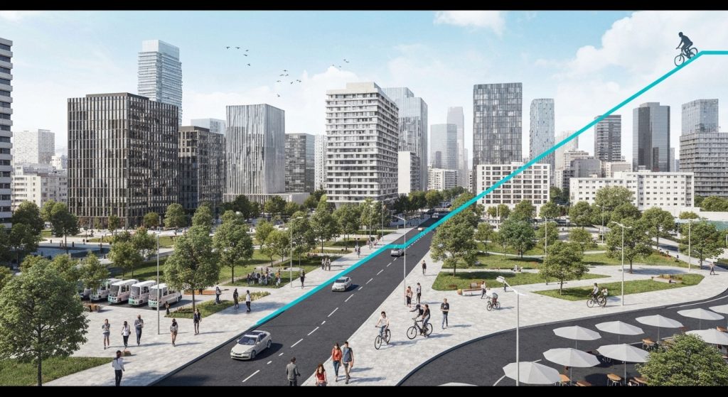 Ilustração de cidade com alta mobilidade e valorização imobiliária