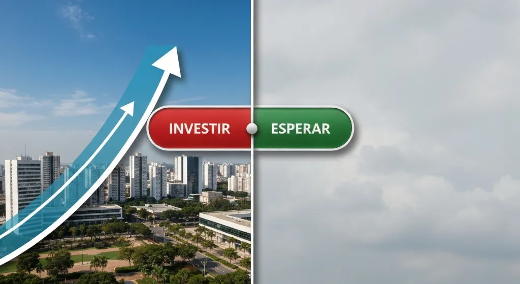 Gráfico e encruzilhada simbolizando a decisão de investir no mercado imobiliário do DF em 2026