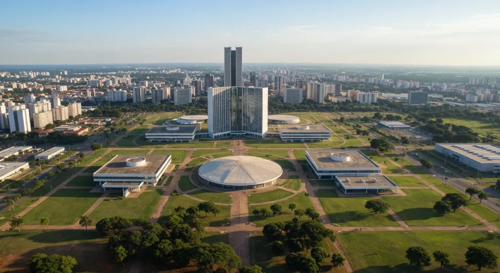Vista aérea de Brasília com foco em bairros em desenvolvimento e potencial de crescimento imobiliário.
