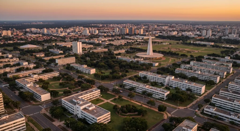Vista aérea de Brasília ao pôr do sol, destacando bairros residenciais.