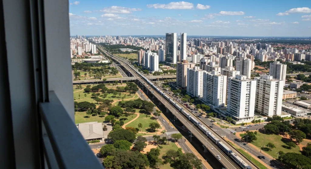 Vista aérea moderna de Águas Claras, Brasília, com prédios, parques e mobilidade urbana.