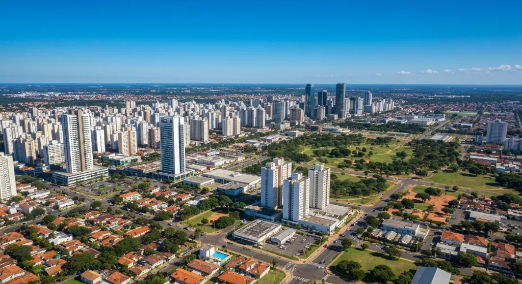 Vista aérea de Águas Claras, Brasília, com prédios altos, parques e centros comerciais.