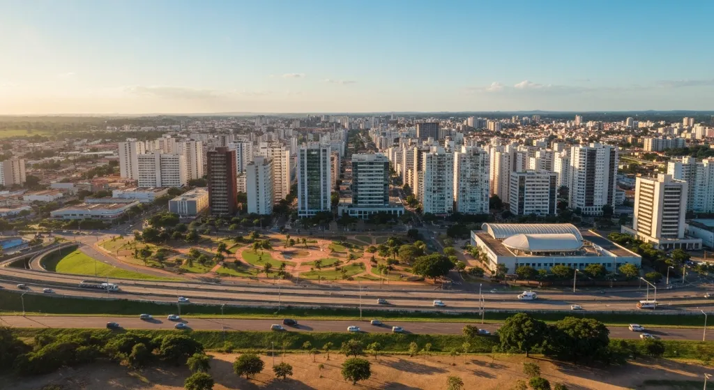 Vista aérea moderna de Águas Claras, Brasília, com prédios, parques e mobilidade urbana.