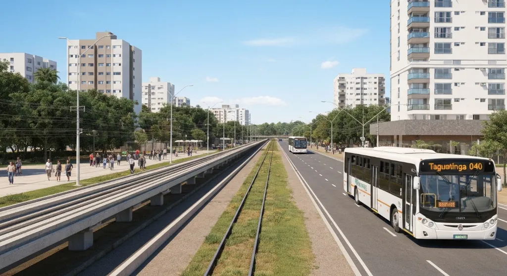 Ilustração comparativa de Samambaia no Distrito Federal e Samambaia em Petrópolis, destacando a infraestrutura urbana e a natureza.