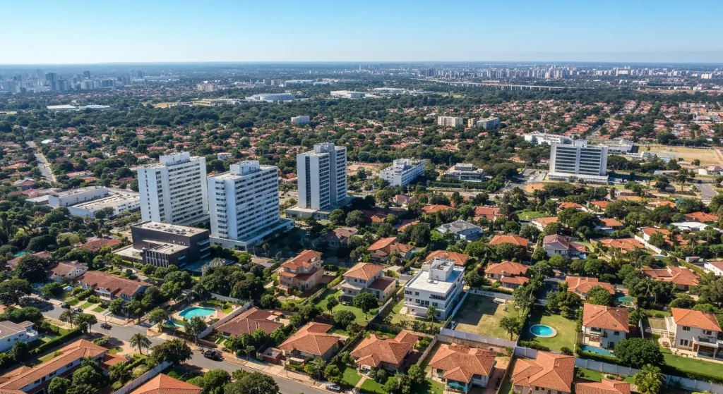 Visão aérea de bairros residenciais valorizados no Distrito Federal com foco em investimento imobiliário.