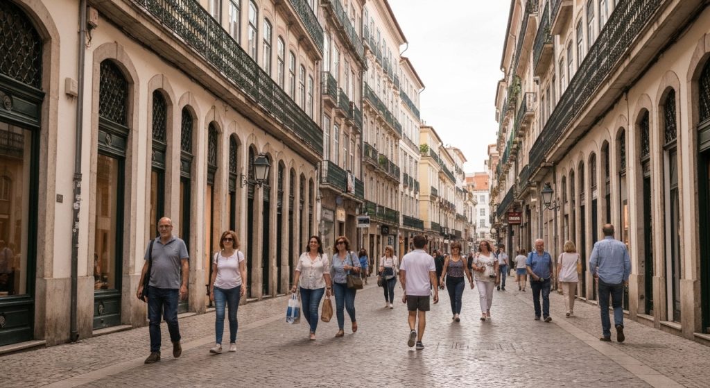 Comércio local vibrante com lojas tradicionais e modernas em uma rua de cidade brasileira.
