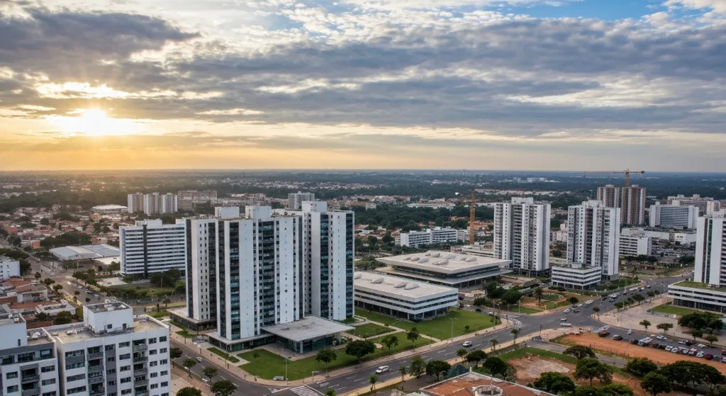 Vista aérea de Brasília com edifícios modernos e sugestão de mercado imobiliário em crescimento.