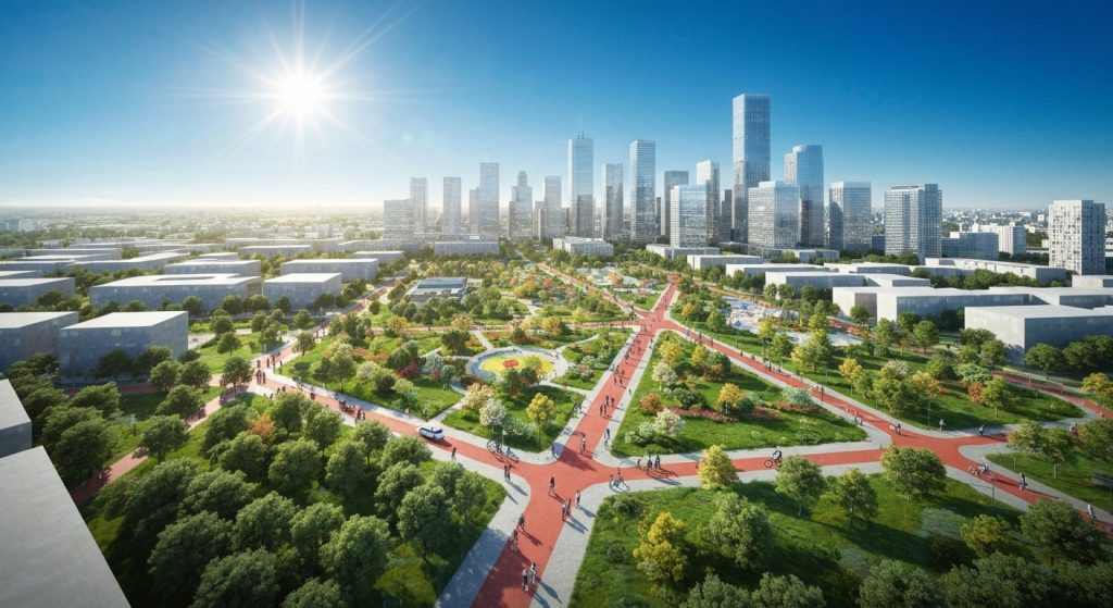 Cidade moderna em expansão com áreas verdes e infraestrutura sustentável