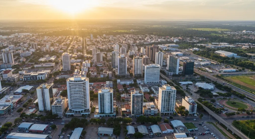 Paisagem urbana do Distrito Federal com edifícios modernos em expansão e infraestrutura em regiões administrativas.