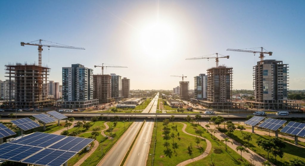 Paisagem urbana em desenvolvimento no Ceará, mostrando infraestrutura moderna e potencial de valorização imobiliária.