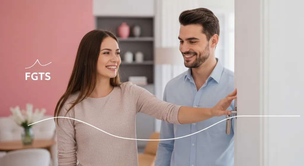 Casal feliz com as chaves de um novo apartamento, planejando a compra com FGTS.