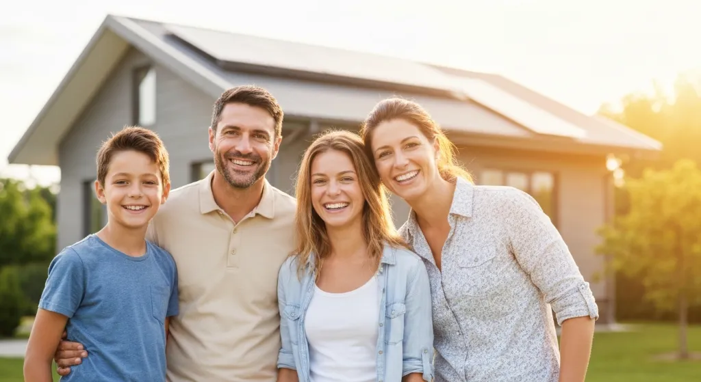 Família celebrando a compra de uma casa com simulação de financiamento imobiliário.