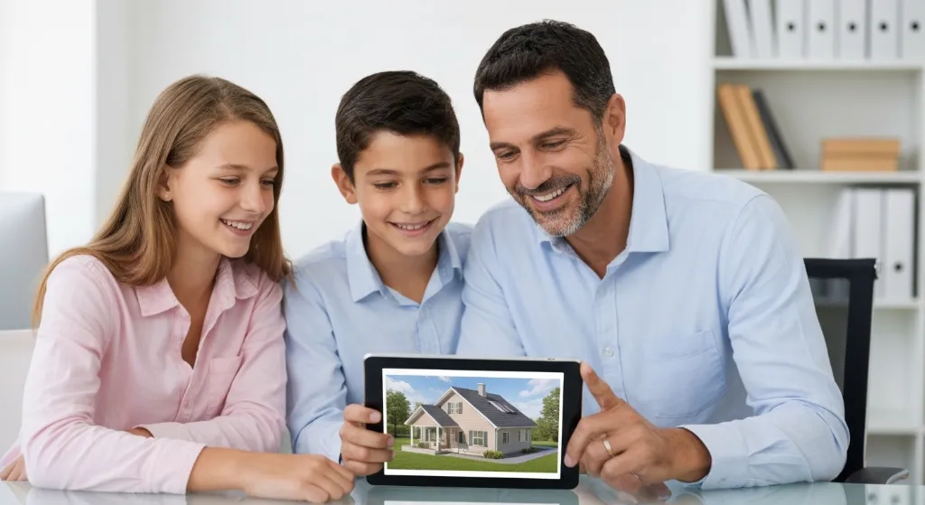 Família usando um simulador de financiamento imobiliário em um tablet